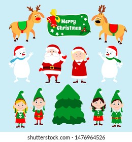 Set of Christmas characters Santa Claus, Mrs. Claus, deers, snowmen and little elves. Winter cartoon characters wave their hands on the eve of the holidays and New Year.