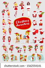 Set of christmas characters santa claus, elves, snow maiden with different emotions and poses. Vector illustration