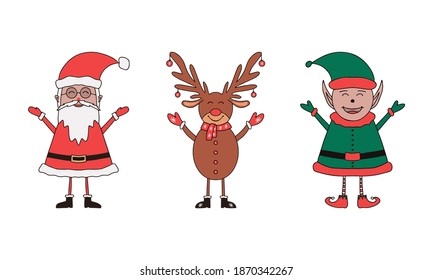 Set of Christmas characters, Santa Claus, Elf and deer on white background.