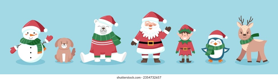 Set of Christmas characters. Santa Claus, elf, snowman, white bear, dog, penguin, deer