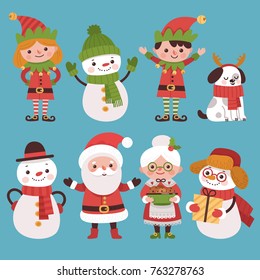 Set of Christmas characters, Santa Claus, Mrs. Claus, elves, snowmen. Vector, cartoon characters for design, decor