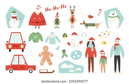 Set of christmas characters with santa, deer, elf, animals and happy family in winter clothes and their car. Flat vector cartoon style