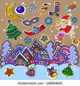 set of Christmas characters. Christmas symbols.Vintage Christmas card