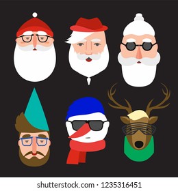 Set of christmas characters. Three variants of Santa Claus, snowman, gnome and deer. Set Modern Xmas.