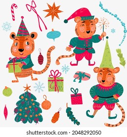 Set  of Christmas characters - tigers in elf costume, Christmas tree, gift boxes, snowflakes, ribbon, decoration.