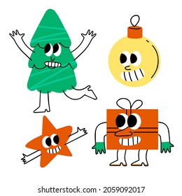 Conjunto de caracteres de Navidad. Árbol de Navidad con cara, regalo alegre, linda estrella con bola de mano y de guirnalda. Caricatura moderna de moda en estilo retro