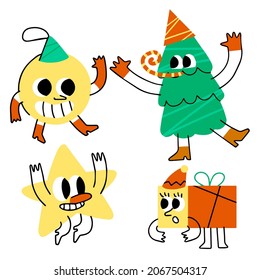 Set of Christmas characters. Christmas tree with face, cheerful gift, cute star with hand and garland ball. Trendy modern cartoon in retro style