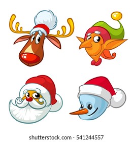 Set of Christmas characters. Vector cartoon  icons of Santa Claus, reindeer, elf, snowman.