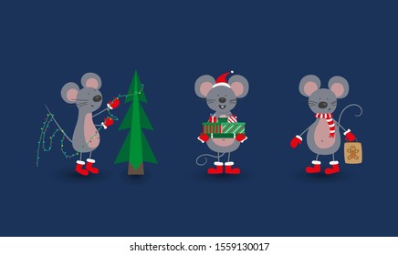 
Set of Christmas characters. Vector illustration of holiday mice. Images of the new year.