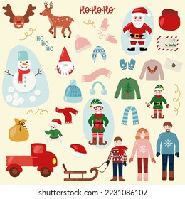 Set of Christmas characters, warm clothes and cozy elements, vector