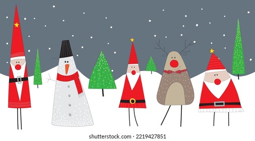 Conjunto de caracteres navideños para tu diseño. Noel, Snowman, reno de nariz roja, árbol de Navidad. Vector aislado dibujado a mano. 