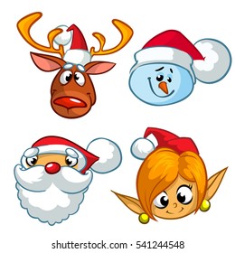 Set of Christmas characters.Cute vector cartoon icons of Santa Claus, reindeer, elf, snowman