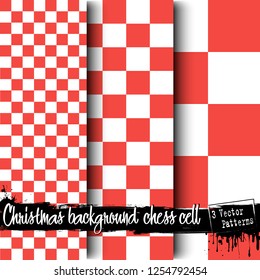 Set of Christmas chess cell backgrounds. Red chess cell texture on white background. 3 vector patterns. Chess cell  fabric. Retro background or pattern. Vector illustration
