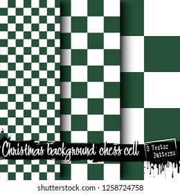 Set of Christmas chess cell backgrounds. Green and white checkered background. 3 vector patterns. Chess pattern. Chess cage. Chess cell fabric. Vector illustration