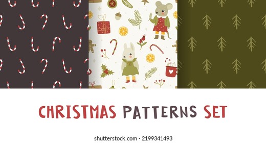 Set of christmas childish patterns. Cozy festive vector prints collection for baby textile and wrapping paper.