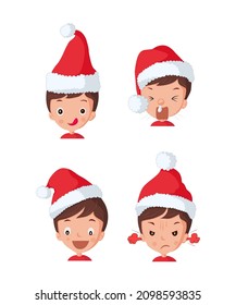 Set Christmas Children set of Boy in Santa Hats isolated on white background Illustration Vector