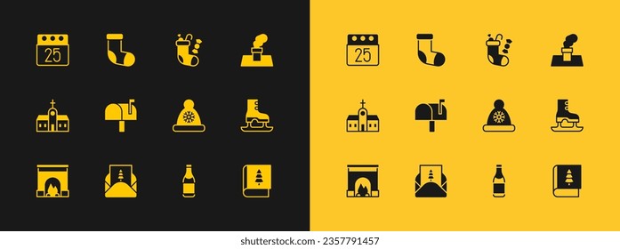 Set Christmas chimney, Envelope, Santa Claus hat, Champagne bottle, Mail box, stocking, day calendar and  icon. Vector