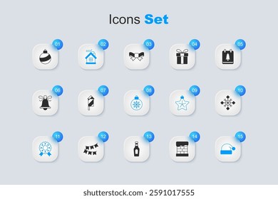 Set Christmas chimney, Firework rocket, Merry house, wreath, Santa Claus hat, Snowflake, ball and  icon. Vector