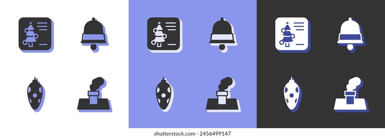 Set Christmas chimney, postcard, toy and ringing bell icon. Vector