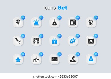 Set Christmas chimney, Winter scarf, Angel, star, Santa Claus hat, Interior fireplace, Lollipop and shopping bag icon. Vector