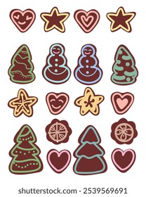 A set of Christmas chocolate cookies .Christmas gingerbread,chocolate cookies decorated with colored gleze. In the shape of a Christmas tree, a star, snowflakes, a  snowman, a heart on a white