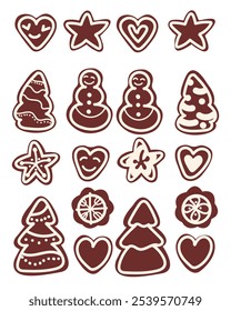 A set of Christmas chocolate cookies .Christmas gingerbread,chocolate cookies decorated white gleze. In the shape of a Christmas tree, a star, snowflakes, a  snowman, a heart on a white background