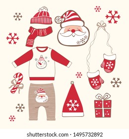 A set of Christmas clothes for children and newborns with the image of New Year's heroes. Vector illustration.