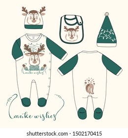 A set of Christmas clothes for children and newborns with the image of christmas deer. Overalls, hat, bib.  The inscription make wishes. Vector illustration.