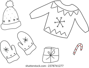 Set of Christmas clothes. Coloring. Vector illustration