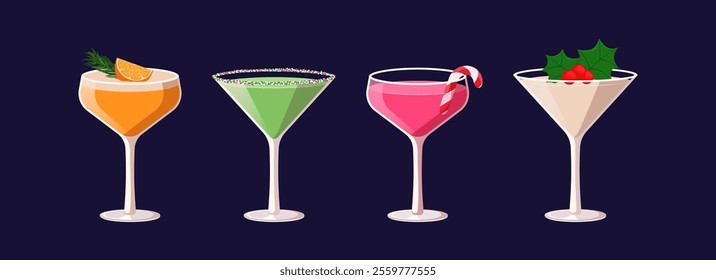 Set of Christmas cocktails. Illustration of festive drinks in coupe glasses with garnish. Banner with soft and alcohol drinks. Vector illustration of popular holiday cocktails.