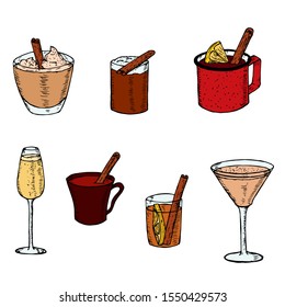 Set of christmas cocktails. Vector cartoon illustrations. Isolated objects on a white background. Hand-drawn style. Hot and cold drinks.