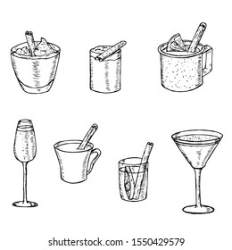 Set of christmas cocktails. Vector cartoon illustrations. Isolated objects on a white background. Hand-drawn style. Hot and cold drinks.