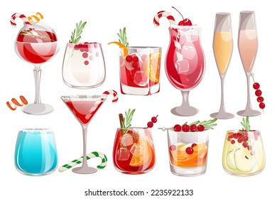 A set of Christmas cocktails.Whiskey with cranberries.Shirley Temple, Jack Frost, Christmas margarita, sangria, martini.Winter holiday drinks.