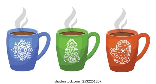 Set of Christmas coffee cups or tea mugs. Editable icons. Vector illustration.