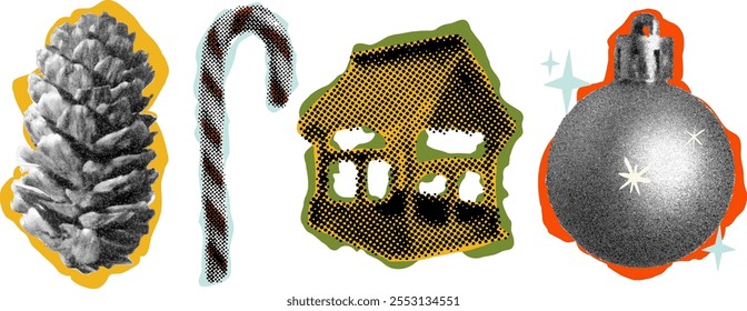 Set of Christmas collage design elements. Torn paper style. Candy cone, fir cone, gingerbread house and Christmas ball