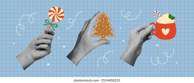 Conjunto de diseños de collage de Navidades con manos. Plantilla de arte pop de moda para el diseño de vacaciones de invierno. Ilustración vectorial