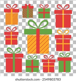 Set of Christmas color gift box vector design elements on a transparent background.