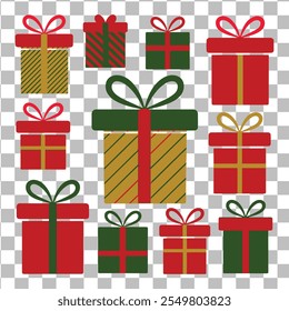 Set of Christmas color gift box vector design elements on a transparent background.