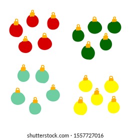 Set of Christmas colored balls isolated on a white background. Red, yellow, green, blue round decoration. Vector New Year illustration. Cute hand-drawn winter holidays symbol in Scandinavian style