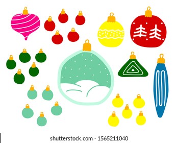 Set of Christmas colored balls isolated on a white background. Red, yellow, green, blue festive decoration. Vector New Year illustration. Cute hand-drawn winter holidays symbol in Scandinavian style