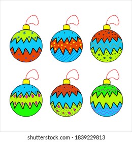 Set of Christmas colored decorations for the Christmas tree, Colored balls drawn by hand in doodle style, vector objects isolated on a white background.