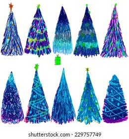 Set of Christmas colored trees isolated on white background. Vector illustration.Christmas trees holidays. Hand drawn. Vector set design.