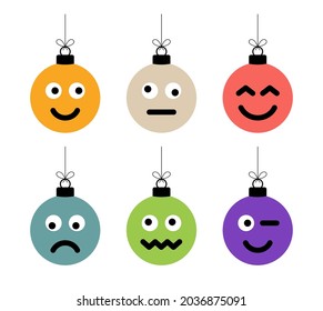 Set of christmas colorful balls with cute face. Emoticons on bubble toys. Vector for decoration holiday xmas tree