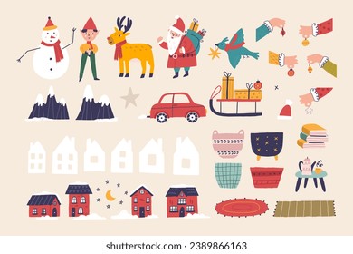Set Christmas Colorful Elements for Decor. Vector Hand Drawn Xmas Collection