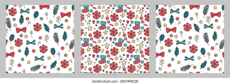Set of Christmas colorful flower branch seamless patterns. Vector illustration for your holiday design with colorful pattern. Fir tree xmas decoration with stars, socks, bow, balls.