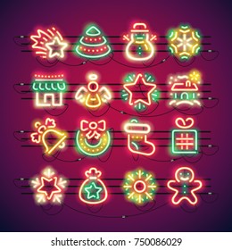 Set of Christmas colorful neon signs makes it quick and easy to customize your holiday projects. Used neon vector brushes included.