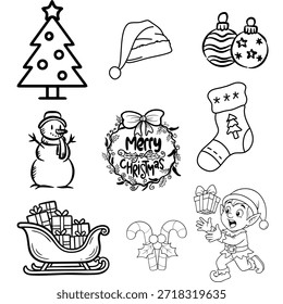 Set of Christmas coloring book line art icons including a tree, snowman, Santa hat, and elf. Professional EPS vector elements for holiday crafts, kids' activities, and winter decorations.