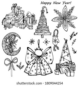 Set of Christmas coloring book, tree, boxes with gifts, angel, star, month. Festive drawing for children and adults. Christmas. New year set of hand graphics. For printshop, textile, design, banner.