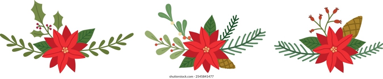 Conjunto de composições de Natal com poinsettia, ramos de abeto, visco e cones. Elementos bonitos de ano novo