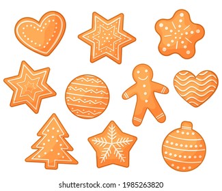 Set of Christmas cookies in cartoon style. Vector illustration of delicious shortbread cookies. Isolated on white background
